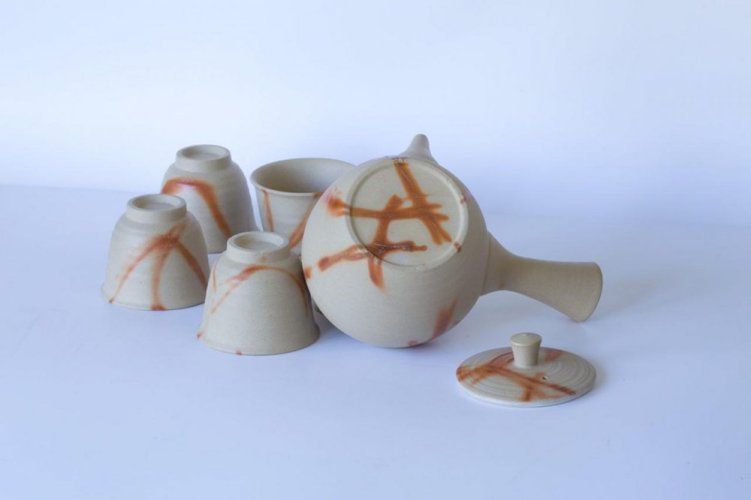 Japanese Tea Set Tokoname Hidasuki Sutoro 90's (signed) - Teapot 380 ml with 5 Cups 60 ml