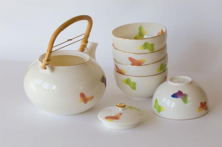 Japanese Tea Set Tokoname Shouzan Hanaiori 80's - Teapot 650 ml with 5 Cups 150 ml