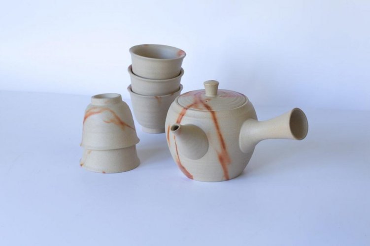 Japanese Tea Set Tokoname Hidasuki Sutoro 90's (signed) - Teapot 380 ml with 5 Cups 60 ml