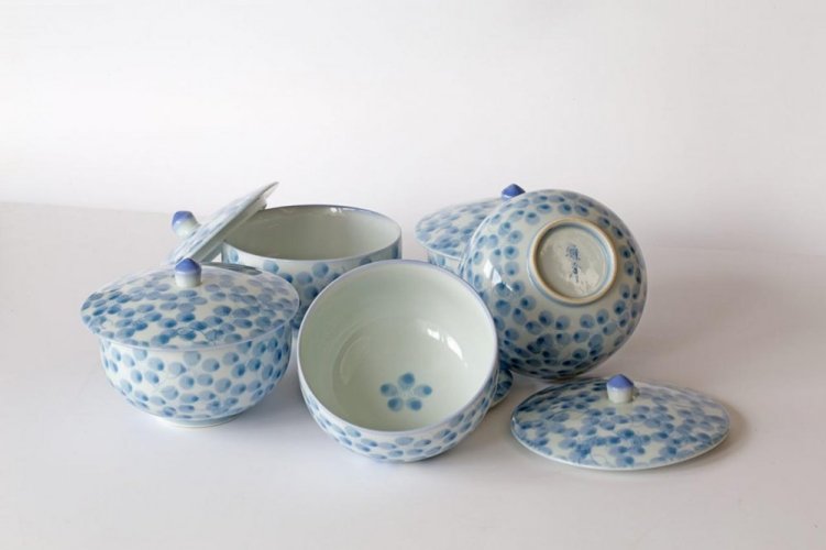 Set of Japanese Tea Cups with Lids Arita 80's (signed) - 5 Cups 150 ml