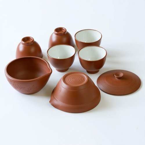 Japanese Tea Set Tokoname 80-90's (signed) - Shiboridashi 80 ml, Yusamashi and 5 cups