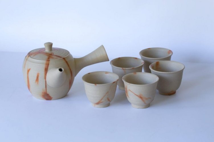 Japanese Tea Set Tokoname Hidasuki Sutoro 90's (signed) - Teapot 380 ml with 5 Cups 60 ml