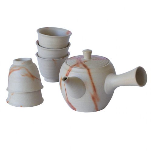 Japanese Tea Set Tokoname Hidasuki Sutoro 90's (signed) - Teapot 380 ml with 5 Cups 60 ml