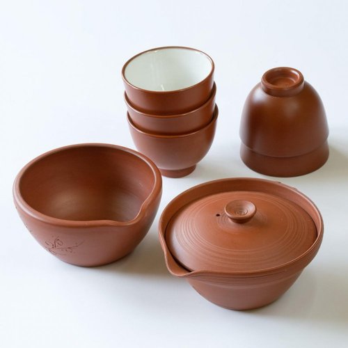 Servizio da tè giapponese Tokoname degli anni 80'-90' (firmato dall'artista) - Shiboridashi 80 ml, Yusamashi e 5 ciotoline