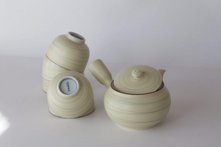 Set da tè giapponese Arita Sunahama anni '70-'80 (firmato dall'artista) - teiera 300 ml e 5 ciotoline 100 ml