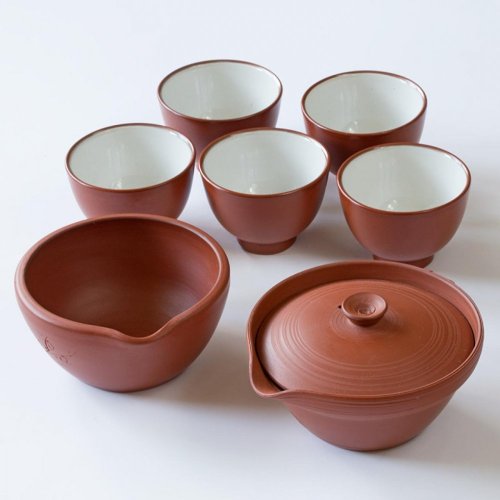 Servizio da tè giapponese Tokoname degli anni 80'-90' (firmato dall'artista) - Shiboridashi 80 ml, Yusamashi e 5 ciotoline