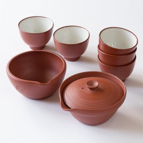 Servizio da tè giapponese Tokoname degli anni 80'-90' (firmato dall'artista) - Shiboridashi 80 ml, Yusamashi e 5 ciotoline