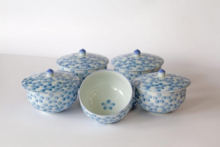 Set of Japanese Tea Cups with Lids Arita 80's (signed) - 5 Cups 150 ml