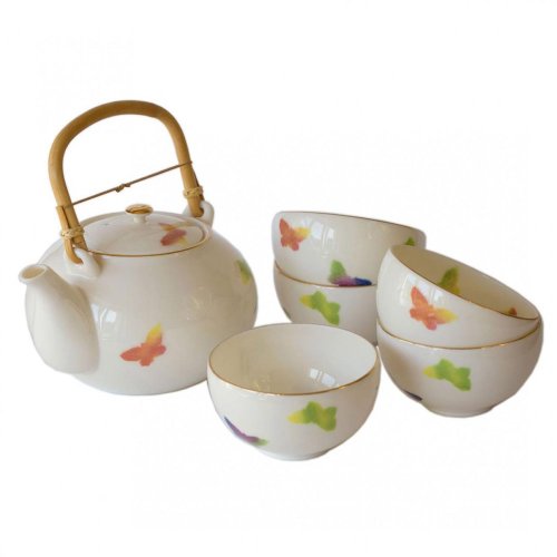 Japanese Tea Set Tokoname Shouzan Hanaiori 80's - Teapot 650 ml with 5 Cups 150 ml