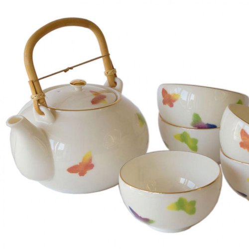Japanese Tea Set Tokoname Shouzan Hanaiori 80's - Teapot 650 ml with 5 Cups 150 ml