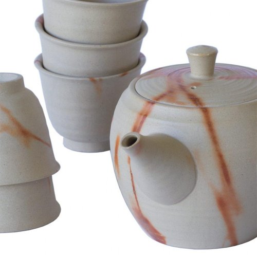 Japanese Tea Set Tokoname Hidasuki Sutoro 90's (signed) - Teapot 380 ml with 5 Cups 60 ml