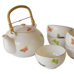 Japanese Tea Set Tokoname Shouzan Hanaiori 80's - Teapot 650 ml with 5 Cups 150 ml