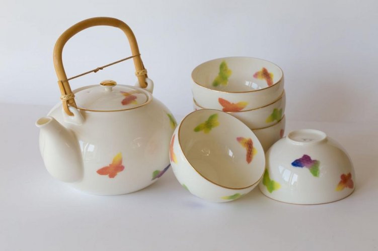 Japanese Tea Set Tokoname Shouzan Hanaiori 80's - Teapot 650 ml with 5 Cups 150 ml