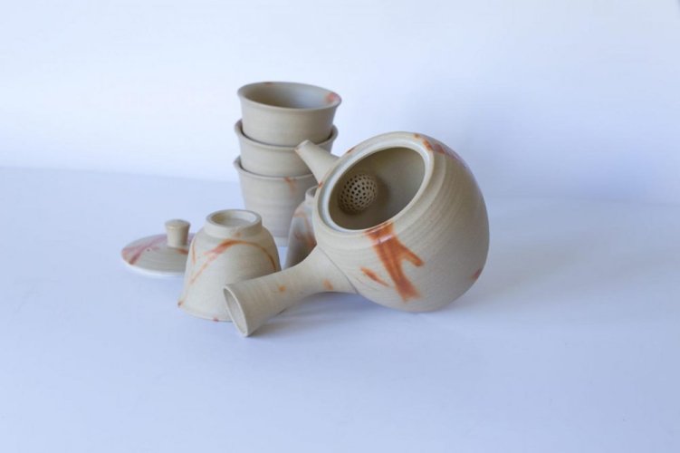 Japanese Tea Set Tokoname Hidasuki Sutoro 90's (signed) - Teapot 380 ml with 5 Cups 60 ml