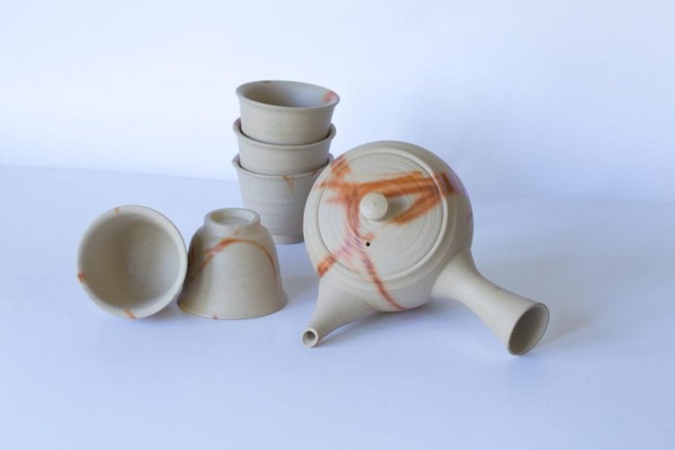 Japanese Tea Set Tokoname Hidasuki Sutoro 90's (signed) - Teapot 380 ml with 5 Cups 60 ml