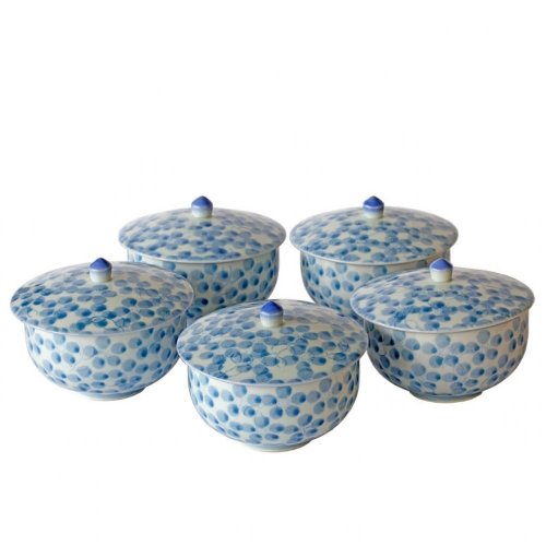 Set of Japanese Tea Cups with Lids Arita 80's (signed) - 5 Cups 150 ml