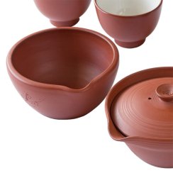 Japanese Tea Set Tokoname 80-90's (signed) - Shiboridashi 80 ml, Yusamashi and 5 cups