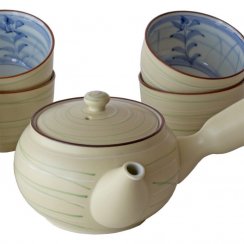 Japonská čajová sada Arita Sunahama 70-80. léta (signovaná) - konvička 300 ml a 5 misek 100 ml