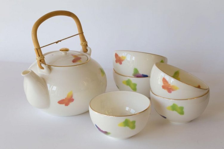 Japanese Tea Set Tokoname Shouzan Hanaiori 80's - Teapot 650 ml with 5 Cups 150 ml